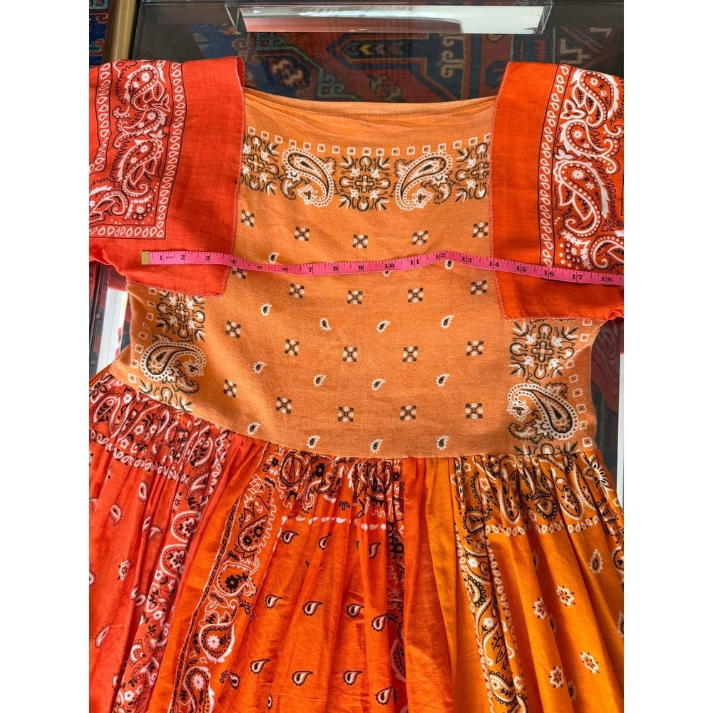 Handmade Orange Bandana Patchwork Midi Dress Bell Sleeve Paisley Boho S/M - Picture 9 of 11